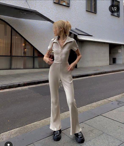 Women's Casual Sexy Skinny Backless Lapel Button Jumpsuit | Nowena
