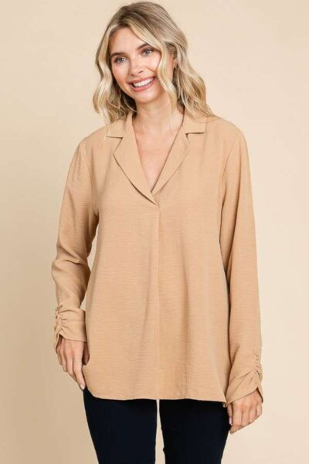 Plus Size Lapel Collar Ruched Long Sleeve Blouse- Light Brown