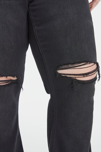Plus Size High Waist Distressed Raw Hem Flare Jeans - Black |Nowena