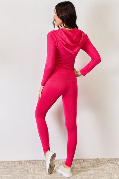 Women Zip Up Drawstring Hoodie and Leggings Set -Hot Pink | Nowena