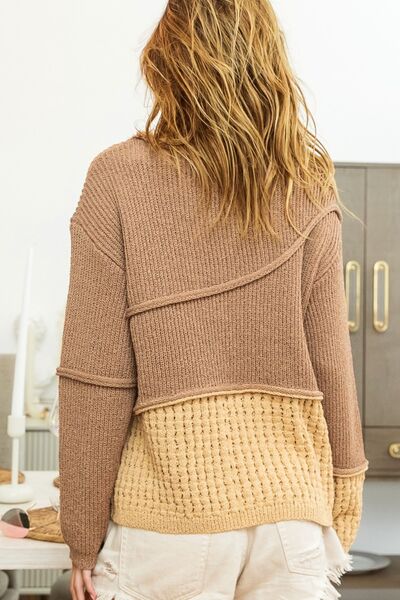 Texture Detail Contrast Drop Shoulder Sweater- Mocha Brown Combo | Nowena