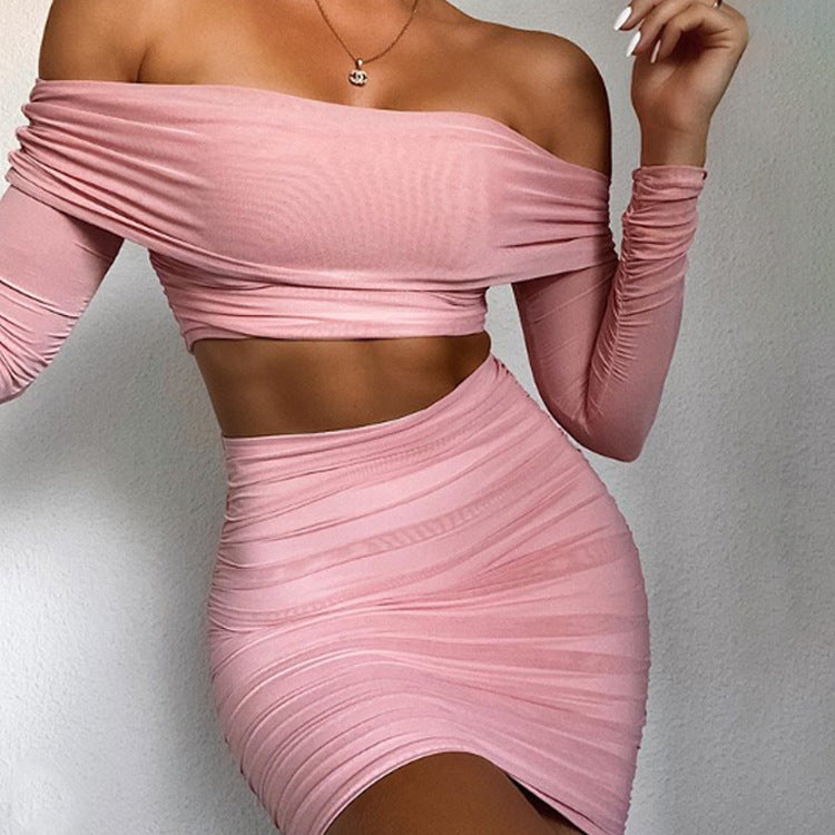 Women's Sexy 2 Piece Pink Pleated One Shoulder Crop Top and Skirt | Nowena