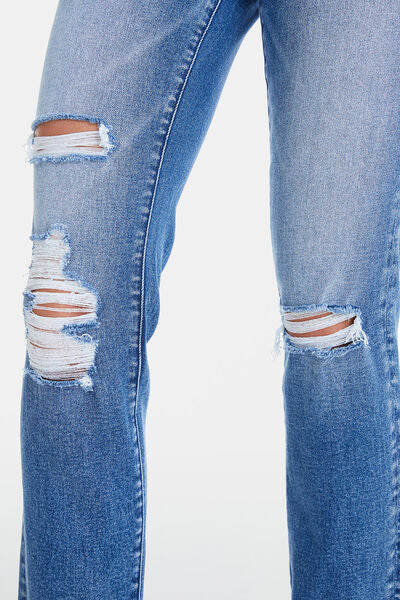 Plus Size High Waist Distressed Cat's Whiskers Straight Jeans - Amy Blue | Nowena