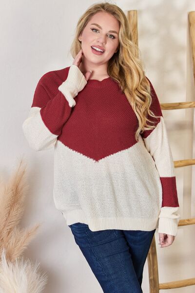 Plus Size Color Block Dropped Shoulder Knit Top Swweater-Red | Nowena