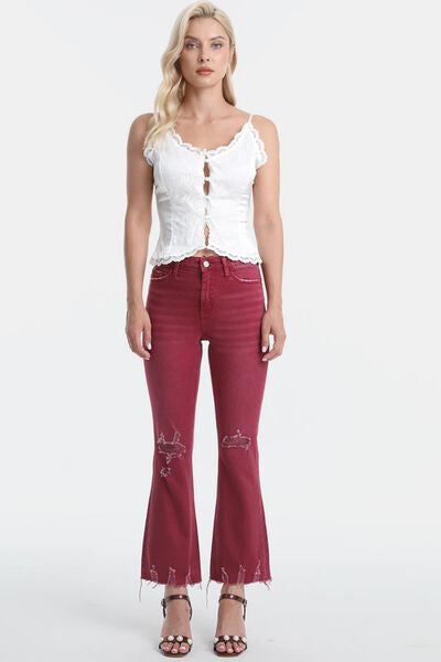 Plus Size High Waist Distressed Raw Hem Flare Jeans- Wine Red | Nowena