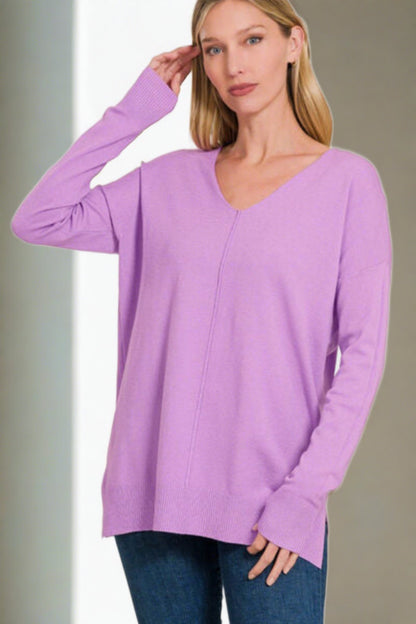 Slit V-Neck Dropped Shoulder Sleeve Pullover Knit Sweater | Nowena