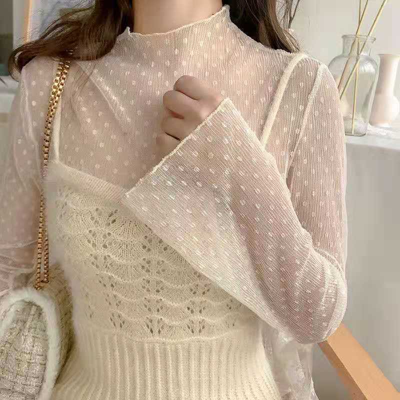 Perspective Lace Mesh Shirt Breathable Blouse Hollowed-out Tulle Polka Dot Overlay Top Long Sleeve