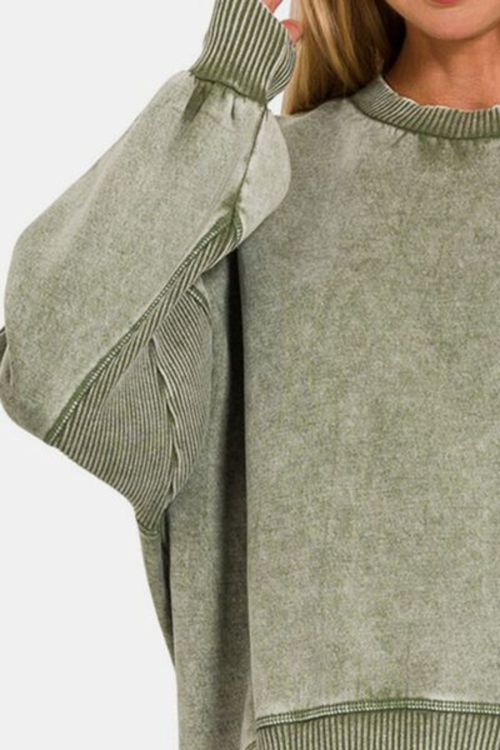 Round Neck Dropped Shoulder Lantern Sleeve Sweatshirt -Olive | Nowena