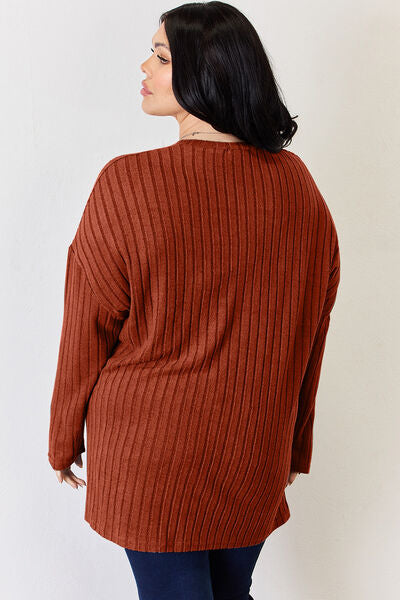Plus Size Ribbed Half Button Long Sleeve High-Low Sweater | Nowena
