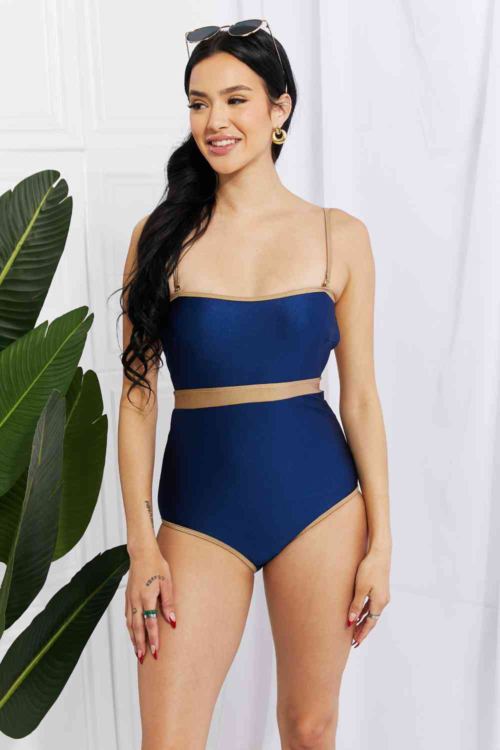  Contrast Trim One-Piece Cover Belly Slim Swimsuit- Navy Blue| Nowena