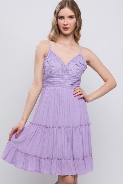 Women Lace Detail Tied Back V-Neck Mini Cami Dress - Lavender | Nowena