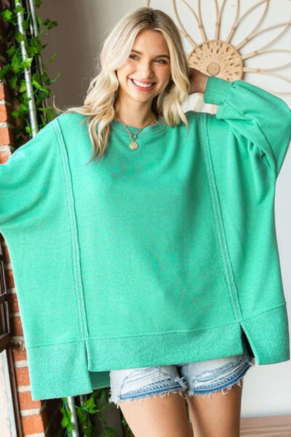 Exposed Seam Round Neck Dropped Shoulder Blouse-Mint | Nowena
