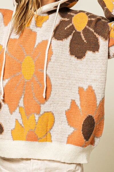 Flower Pattern Drawstring Hooded Sweater- Rust Combo | Nowena