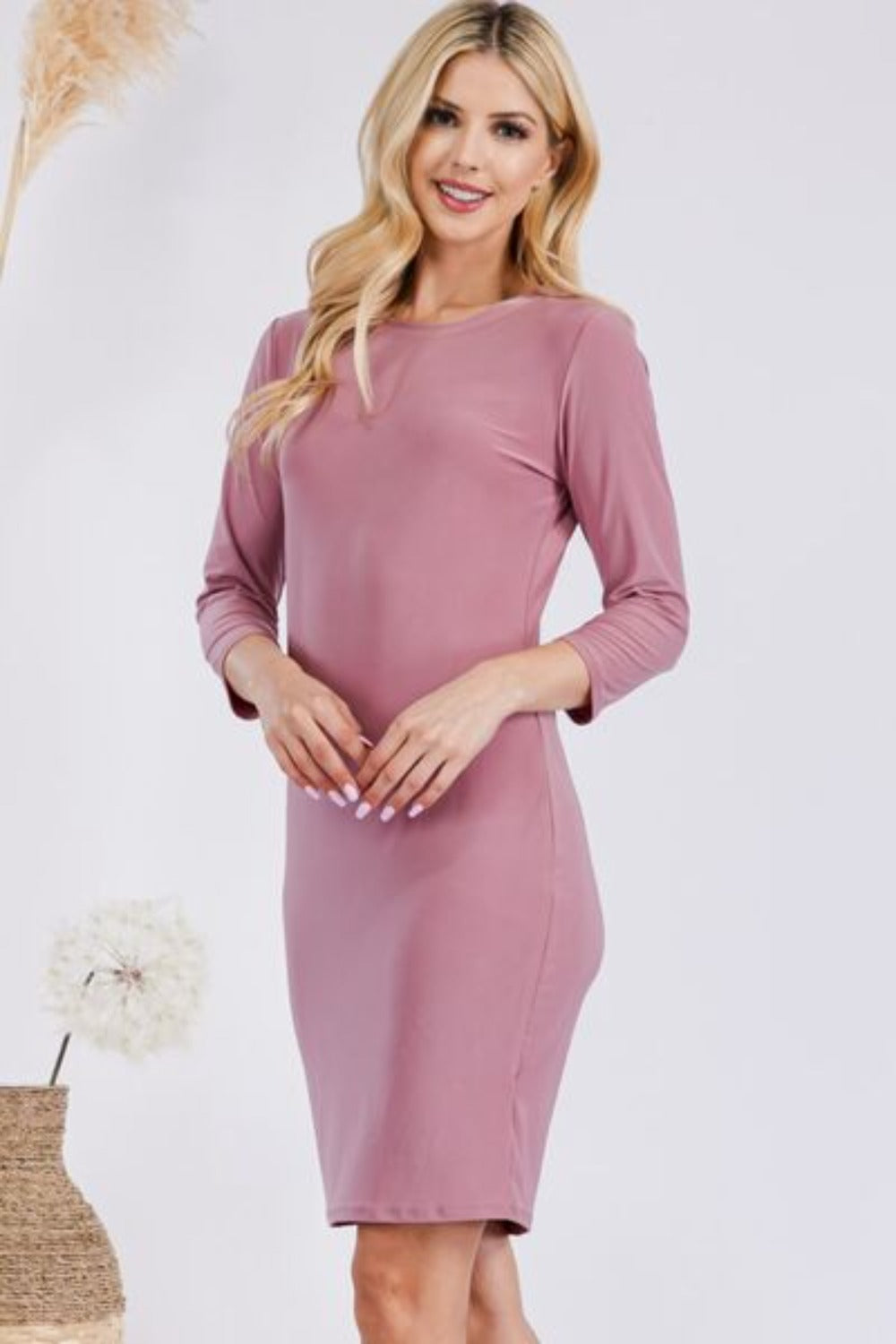 Plus Size Round Neck Long Sleeve Slim Dress-Mauve | Nowena