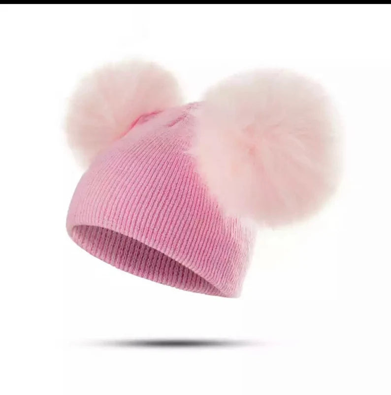 Baby Cute Two Ball Mikky Fur Knited Autumn Winter Hat - Nowena